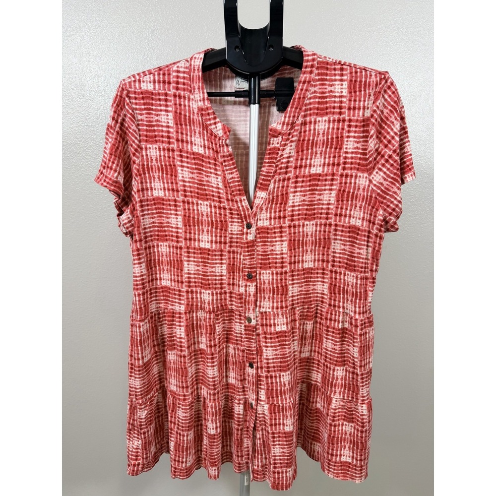 Wonderly Mini Dress Womens 2XL Red White Patterned Chic Tiered Boho Button Front